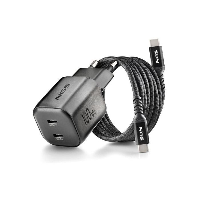 NGS Bud 100W-C Nano Cargador GaN Universal de Pared 100W Ultrarapido - 2x USB-C PD3.0 PPS - Color Negro