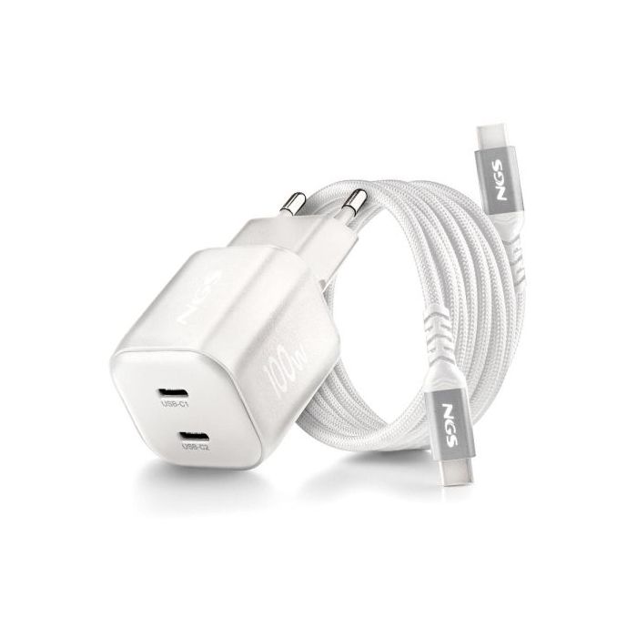 NGS Bud 100W-C Nano Cargador GaN Universal de Pared 100W Ultrarapido - 2x USB-C PD3.0 PPS - Color Blanco