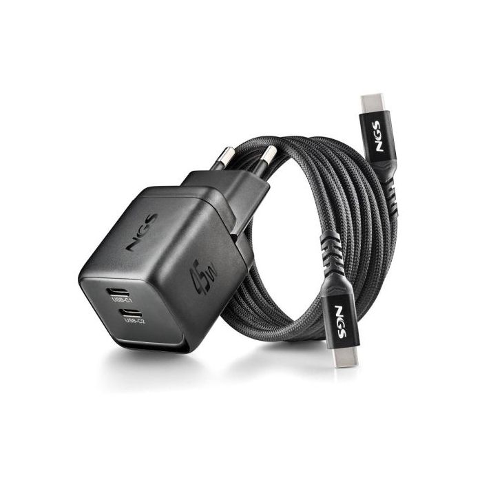 NGS Bud 45W-C Nano Cargador GaN Universal de Pared 45W Ultrarapido - 2x USB-C PD3.0 PPS - Color Negro