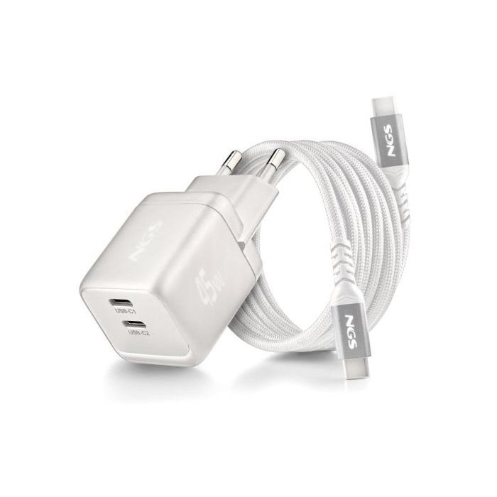 NGS Bud 45W-C Nano Cargador GaN Universal de Pared 45W Ultrarapido - 2x USB-C PD3.0 PPS - Color Blanco