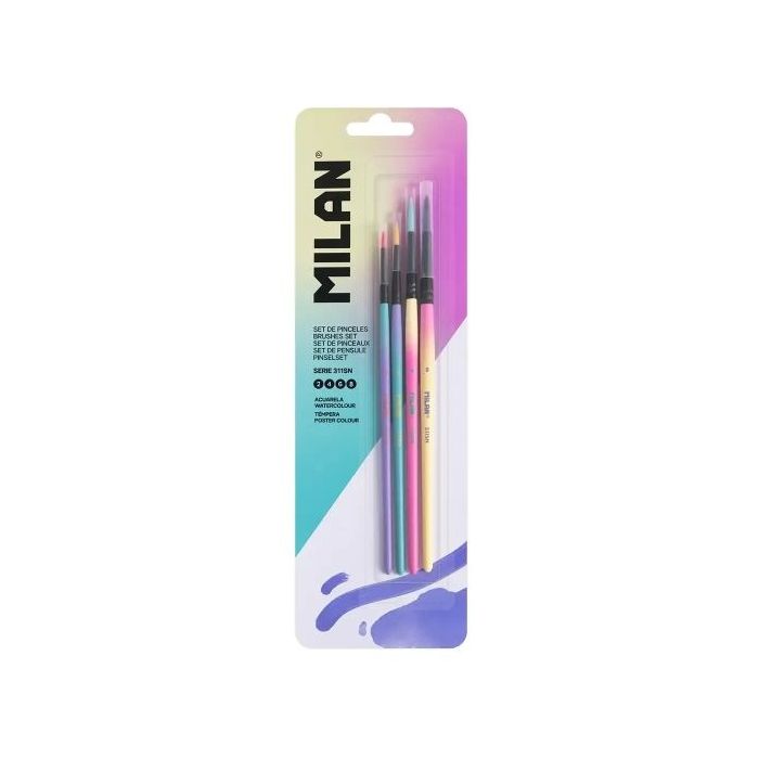 Milan Sunset Collection Serie 311 Pack de 4 Pinceles Redondos Numeros 2, 4, 6 y 8 - Pelo Sintetico - Colores Surtidos