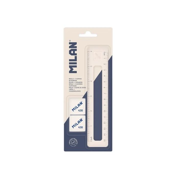 Milan Serie 430 Pack con Regla 15cm + 2 Gomas 430 - Numeracion en Centimetros y Pulgadas - Vaciado Interior - Colores Aleatorios