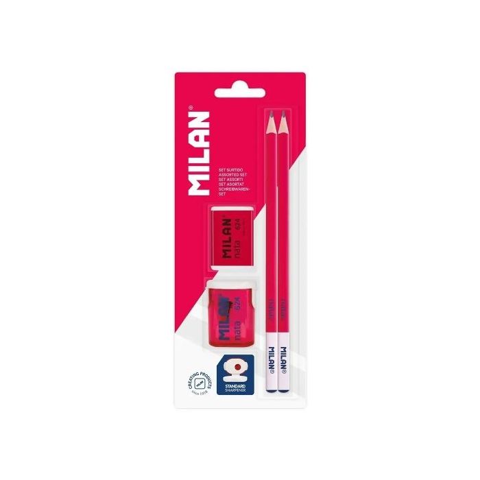 Milan Coleccion nata® 624 Pack con 2 Lapices HB + Sacapuntas + Goma de Borrar - Lapices de Forma Cuadrada