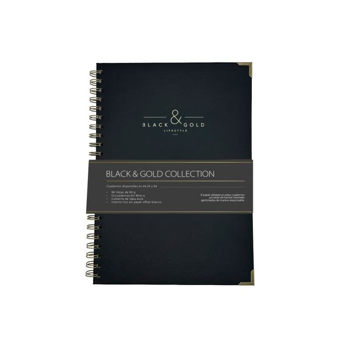 Dohe Black - Gold Cuaderno de Espiral Metalica Wire-O A4 - 96 Hojas Lisas de 80g - Tapa Dura en Carton Forrado con Polipiel - Ca