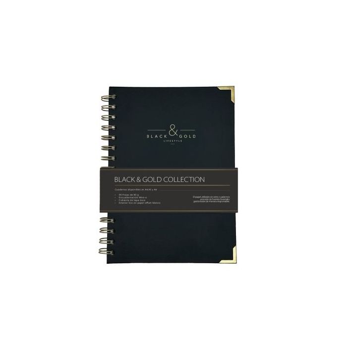 Dohe Black - Gold Cuaderno de Espiral Metalica Wire-O A5 - 96 Hojas Lisas de 80g - Tapa Dura en Carton Forrado con Polipiel - Ca