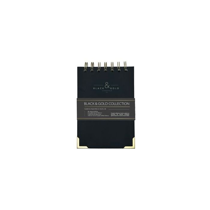 Dohe Black - Gold Bloc de Espiral Metalica Wire-O A6 - 96 Hojas Lisas de 80g - Tapa Dura en Carton Forrado con Polipiel - Canton