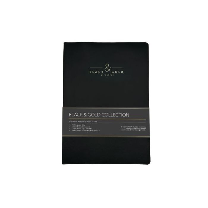 Dohe Black - Gold Cuaderno con Encuadernacion Cosida A4 - 96 Hojas Lisas de 80g - Tapa Flexible Forrada en Polipiel - Color Negr