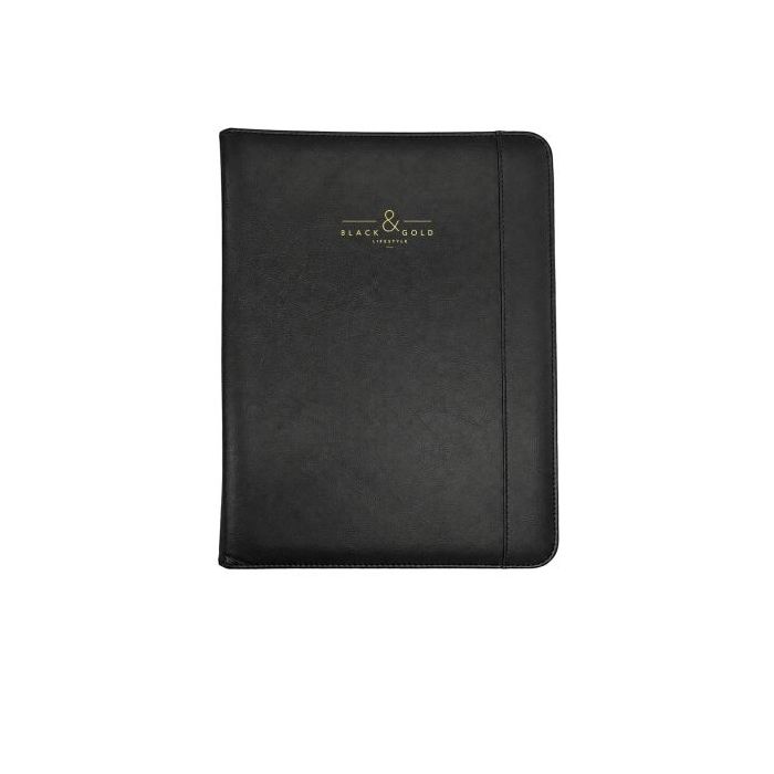 Dohe Black - Gold Portadocumentos de Mano con Bloc de 25 Hojas Lisas - Cubierta en Polipiel - Bolsillo Interior y Ventana para T