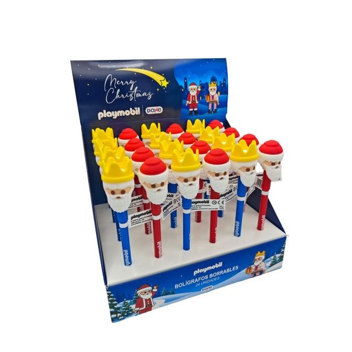 Dohe Playmobil Navidad Expositor con 24 Boligrafos Borrables - Capuchon con Formas de Papa Noel y Rey Mago