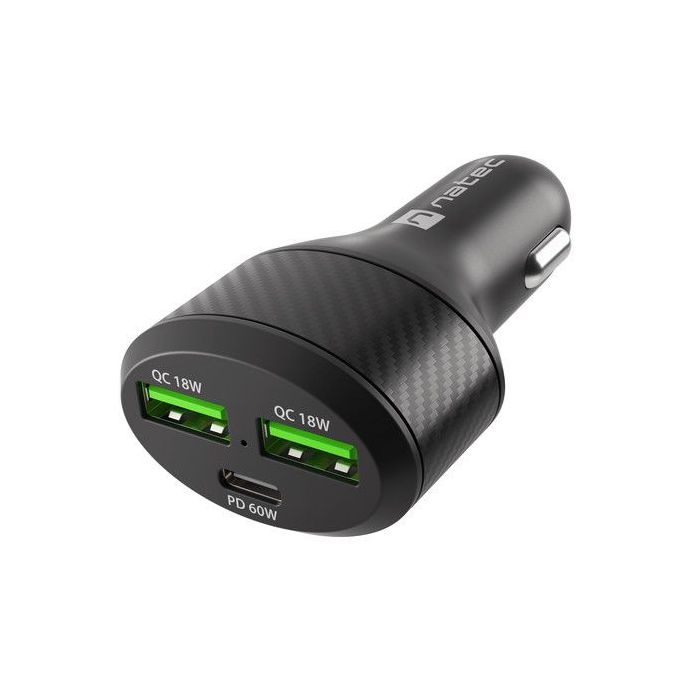 Natec Coney Cargador para Coche 84W - 1xUSB-C PD3.0, 2xUSB-A Qc 3.0 - Indicador LED - Color Negro