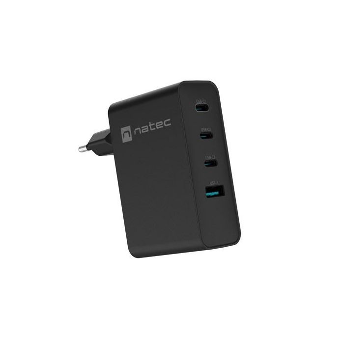 Natec Ribera Cargador de Pared GaN 100W - 1xUSB-A + 3xUSB-C - Carga Rapida - Color Negro