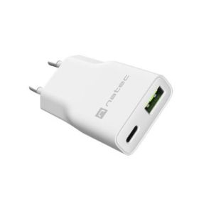 Natec Ribera Slim Cargador de Pared Gan 20W - 1xUSB-A + 1xUSB-C - Carga Rapida - Color Blanco