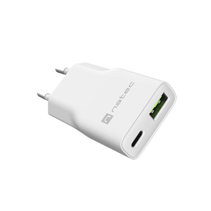 Natec Ribera Slim Cargador de Pared Gan 20W - 1xUSB-A + 1xUSB-C - Carga Rapida - Color Blanco