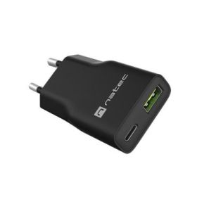 Natec Ribera Slim Cargador de Pared Gan 20W - 1xUSB-A + 1xUSB-C - Carga Rapida - Color Negro