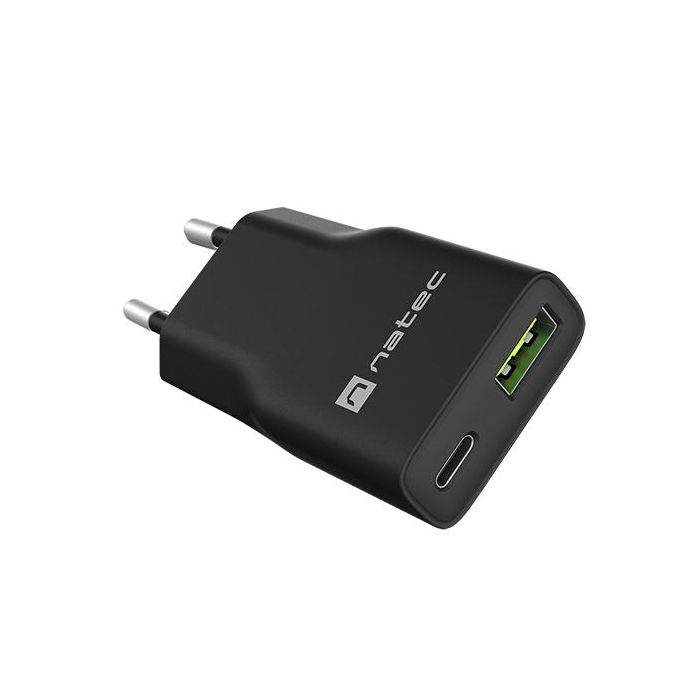 Natec Ribera Slim Cargador de Pared Gan 20W - 1xUSB-A + 1xUSB-C - Carga Rapida - Color Negro