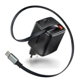 NGS Reel 65W Cargador GaN Universal de Pared 65W con Cable Retractil - 1x USB-C PD3.0 PPS - Color Negro
