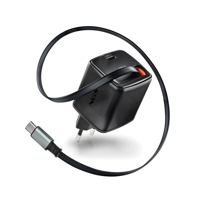 NGS Reel 65W Cargador GaN Universal de Pared 65W con Cable Retractil - 1x USB-C PD3.0 PPS - Color Negro