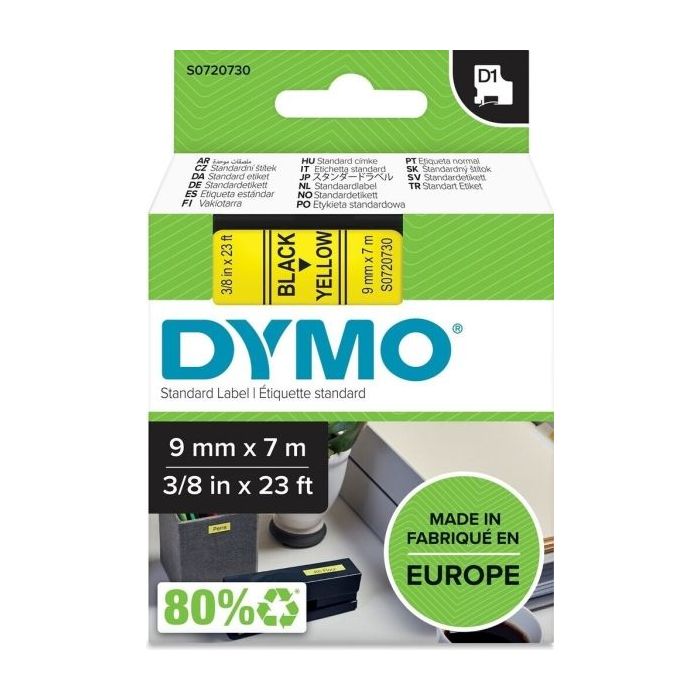 Dymo LM D1 40918 Cinta de Etiquetas Original para Rotuladora - Texto Negro sobre Fondo Amarillo - Ancho 9mm x Largo 7m