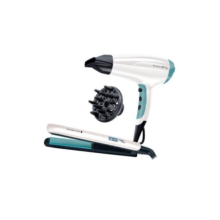 Remington Shine Therapy Pack Secador y Plancha de Pelo - 2300W - Secador con Rejilla Ceramica-Ionica - Plancha de Placas Ceramic