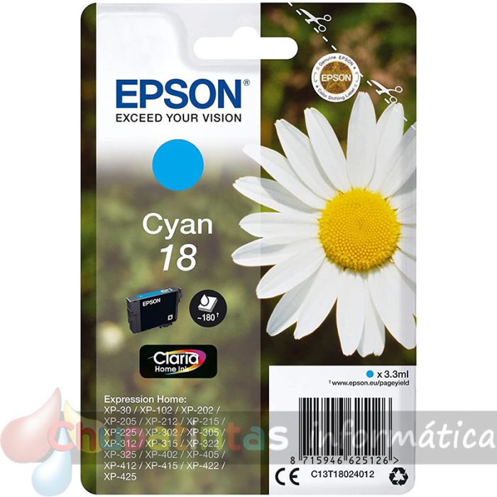 Epson T1802 (18) Cyan Cartucho de Tinta Original - C13T18024012