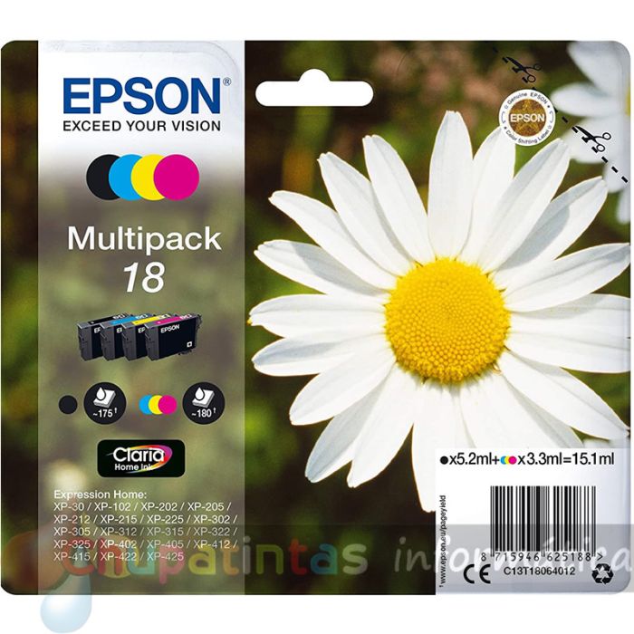 Epson T1806 (18) Pack de 4 Cartuchos de Tinta Originales - C13T18064012