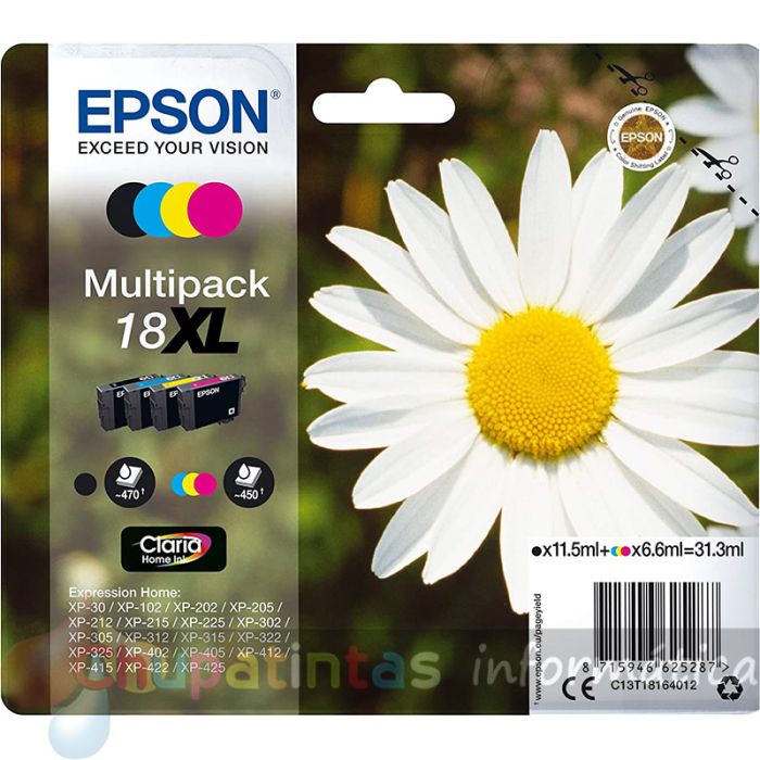 Epson T1816 (18XL) Pack de 4 Cartuchos de Tinta Originales - C13T18164012
