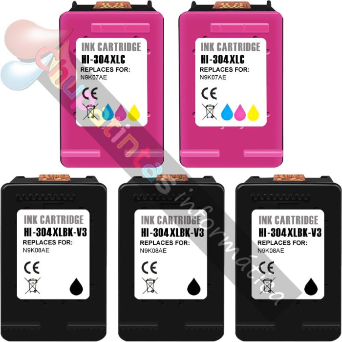 HP 304XL Pack de 5 Cartuchos de Tinta Remanufacturados - Muestran Nivel de Tinta