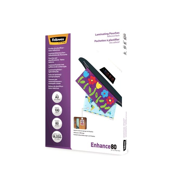 Fellowes Pack de 100 Fundas AutoAdhesivas para Plastificar Brillo A3 - 80 Micras - Alta Calidad - Transparente