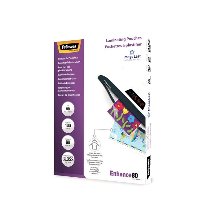 Fellowes Pack de 100 Fundas para Plastificar Brillo A5 - 80 Micras - Alta Calidad - Transparente