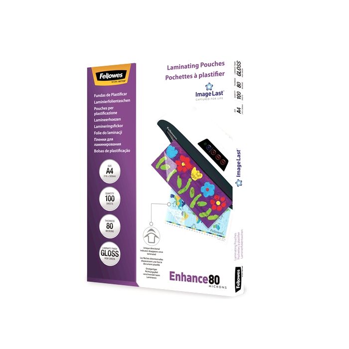 Fellowes Pack de 100 Fundas para Plastificar Brillo A4 - 80 Micras - Alta Calidad - Transparente