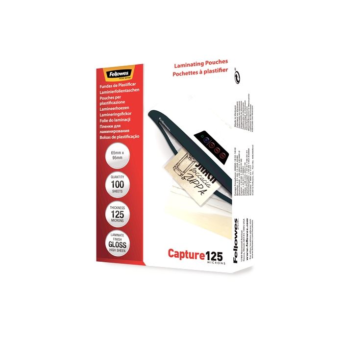 Fellowes Pack de 125 Fundas para Plastificar Tarjetas Brillo 65 x 95 mm - 125 Micras - Alta Calidad - Transparente