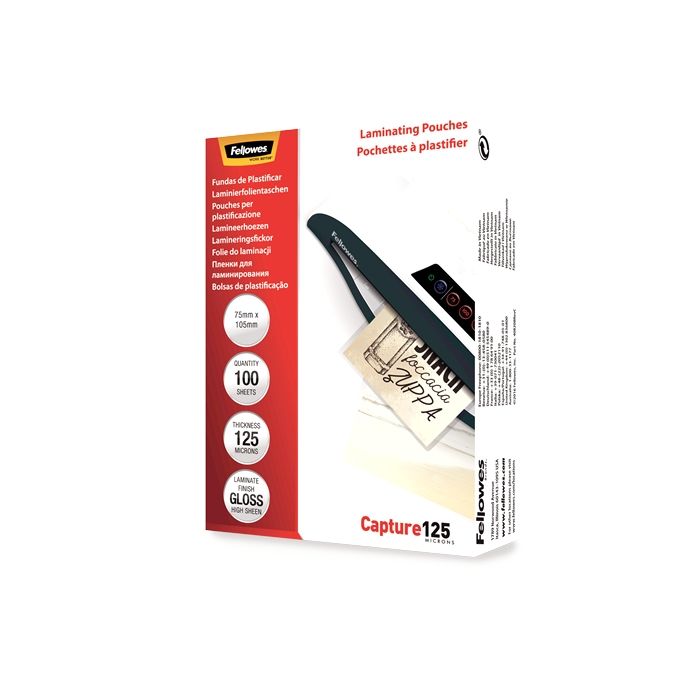 Fellowes Pack de 100 Fundas para Plastificar Brillo para Tarjetas 75 x 105mm - 125 Micras - Alta Calidad - Transparente