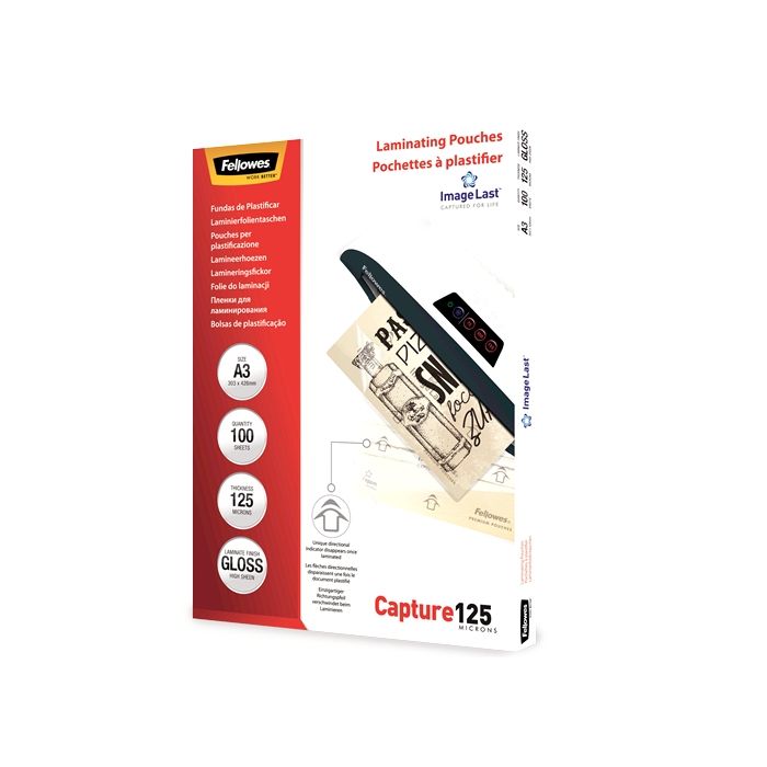 Fellowes Pack de 100 Fundas para Plastificar Brillo A3 - 125 Micras - Alta Calidad - Transparente