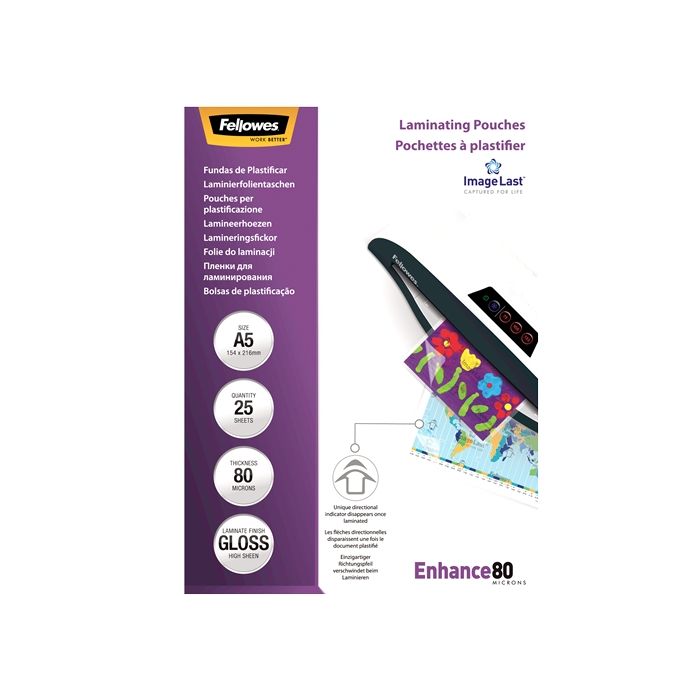 Fellowes Pack de 25 Fundas para Plastificar Brillo A5 - 80 Micras - Alta Calidad - Transparente