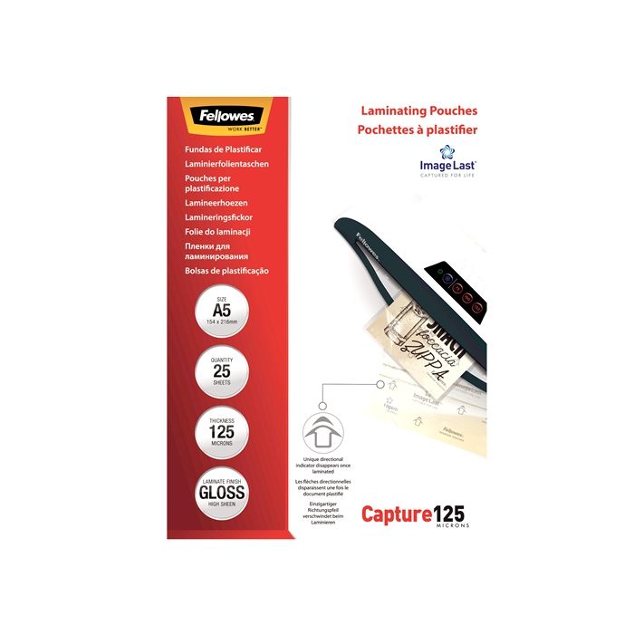 Fellowes Pack de 25 Fundas para Plastificar Brillo A5 - 125 Micras - Alta Calidad - Transparente