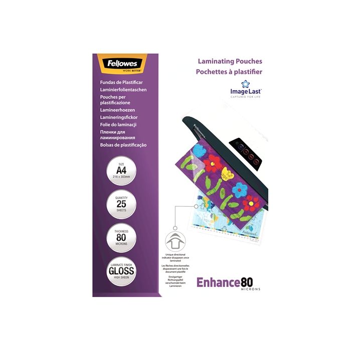 Fellowes Pack de 25 Fundas para Plastificar Brillo A4 - 80 Micras - Alta Calidad - Transparente
