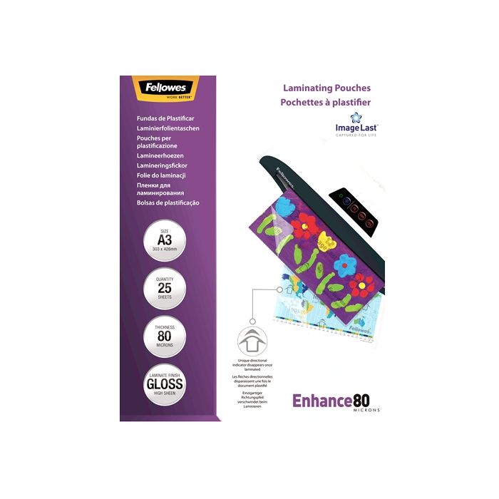 Fellowes Pack de 25 Fundas para Plastificar Brillo A3 - 80 Micras - Alta Calidad - Transparente