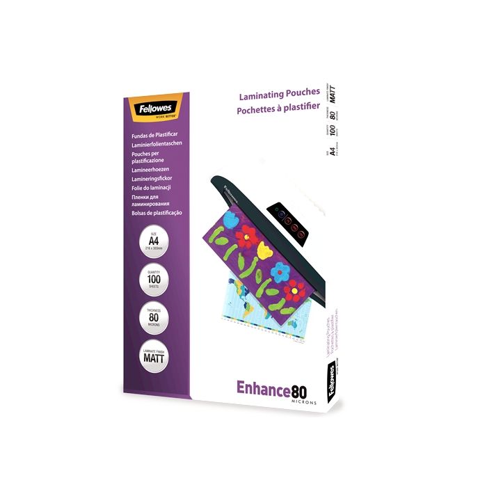 Fellowes Pack de 100 Fundas para Plastificar Mate A4 - 80 Micras - Alta Calidad - Transparente
