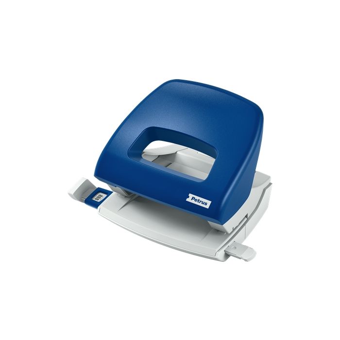Petrus 80 Taladro Perforador Pequeño - Hasta 16 Hojas - Marcas de Formato - Facil Vaciado - Punzones 5.5mm - Color Azul