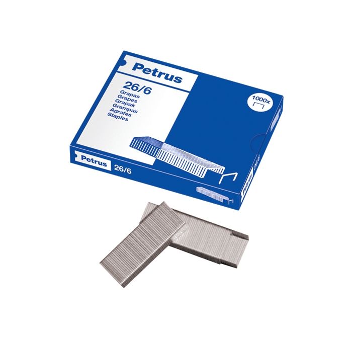 Petrus Grapas 26/6 Galvanizadas - Hasta 30 Hojas - Caja de 1000 Grapas - Patilla de 6mm