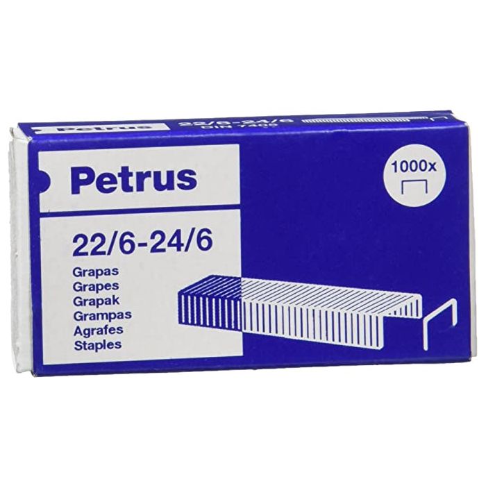 Petrus Grapas 22/6 Galvanizadas - Hasta 30 Hojas - Caja de 1000 Grapas - Patilla de 6mm