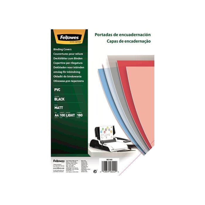 Fellowes Pack de 100 Portadas para Encuadernar de PVC A4 - 180 Micras - Acabado de Calidad - Color Negro