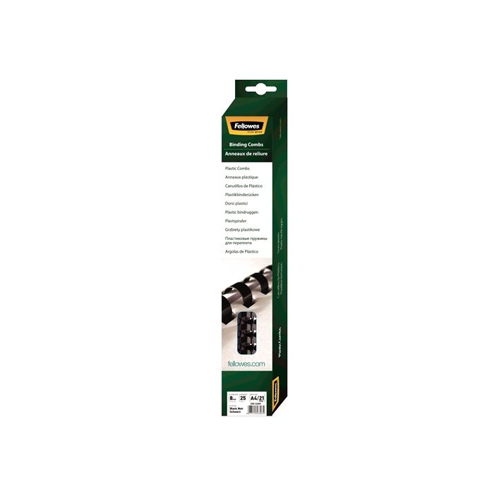 Fellowes Pack de 25 Canutillos de Plastico 8mm - Hasta 40 Hojas - Facil de Utilizar y Flexible - Alta Calidad - Color Negro