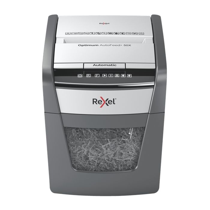 Rexel Optimum AutoFeed 50X Destructora Automatica de Corte en Particulas- 20L - Alimentacion Automatica 50 hojas - Ranura Manual 6 Hojas - Anti Atasco