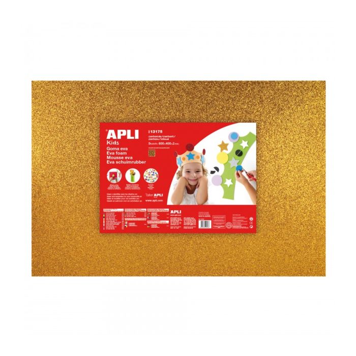 Apli Pack de 3 Goma Eva Purpurina Oro 600 x 400 mm - Grosor 2 mm - Impermeable - Moldeable al Calor - Color Oro