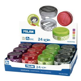 Milan Spin Expositor de 24 Sacapuntas con Deposito - Cuchilla de Acero - Colores Surtidos