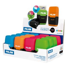 Milan Compact Fluo Expositor de 16 Afilaborras - Uso Estandar y Maxi - Cuchilla de Acero - Goma de Borrar - Cuchilla de Seguridad - Colores Surtidos