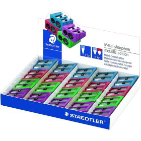Staedtler Expositor de 20 Sacapuntas Metalicos con Cuchilla de Metal - Angulo de Afilado de 23° y 30º - 2 Agujeros - Colores Surtidos