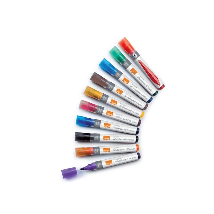 Nobo Caja de 10 Rotuladores para Pizarra Blanca - Punta Redonda 3mm - Tinta Liquida - Nivel de Tinta - Colores Surtidos