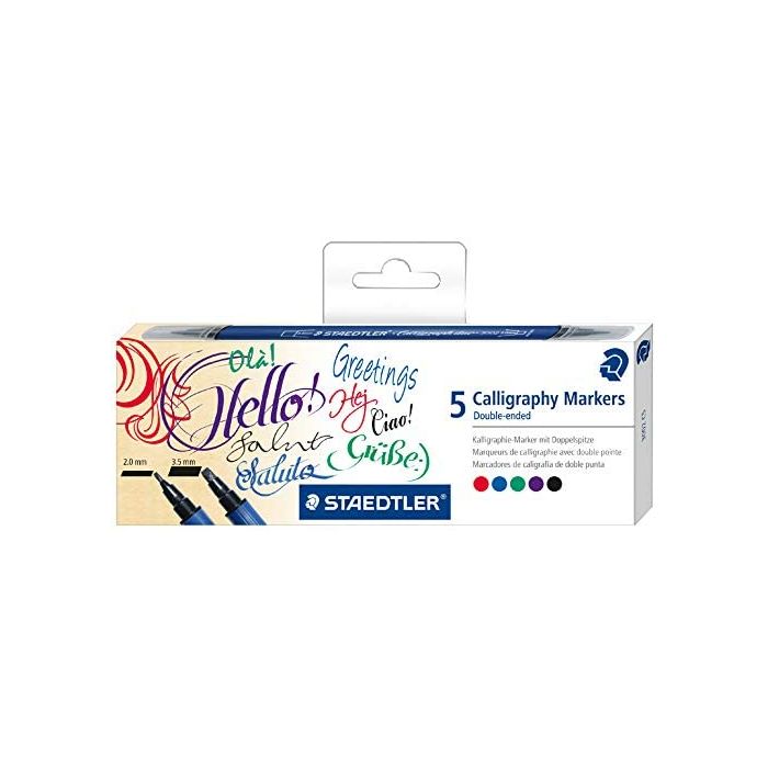 Staedtler 3002 Pack de 5 Rotuladores de Doble Punta para Caligrafia - Tinta Base de Agua - Colores Surtidos